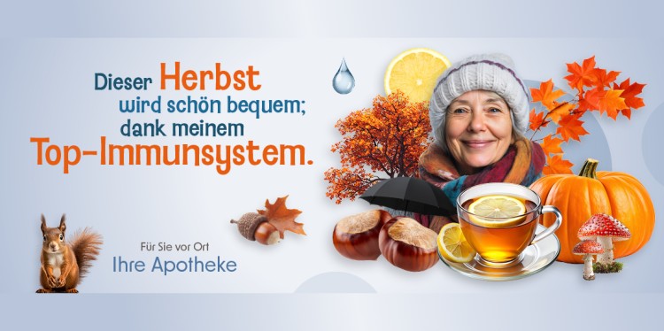 Herbstaktion der Schanzen-Apotheke Dresden zum Thema Immunsystem mit Frau, Tee, Kürbis und Herbstlaub